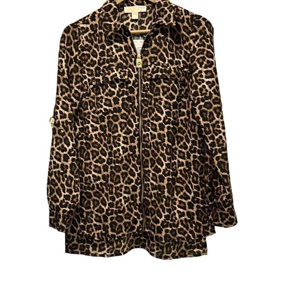 MK MICHAEL KORS Leopard Cheetah Print Long Sleeve Roll Tab Lightweight Zip Up Da - Picture 1 of 6